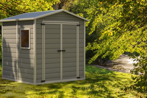 Garden shed on nature green background. Gray color gardening tools storage shed in the house backyard. 3d illustration